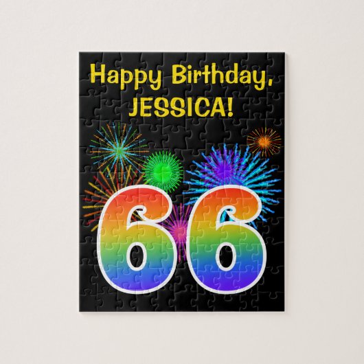 Fun Fireworks + Rainbow Pattern "66" Birthday # Legpuzzel (Verticaal)