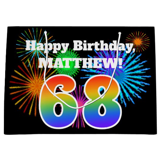 Fun Fireworks + Rainbow Pattern "68" Birthday # Groot Cadeauzakje (Voorkant)