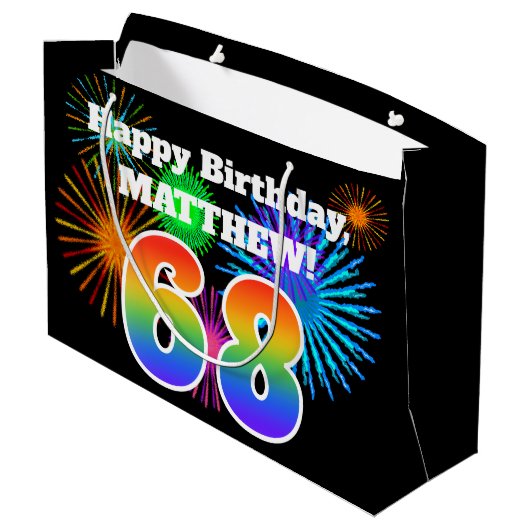 Fun Fireworks + Rainbow Pattern "68" Birthday # Groot Cadeauzakje (Achterkant Gekanteld)