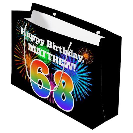 Fun Fireworks + Rainbow Pattern "68" Birthday # Groot Cadeauzakje (Voorkant Gekanteld)