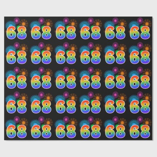 Fun Fireworks + Rainbow Pattern "68" Event Number Cadeaupapier (Vlak)