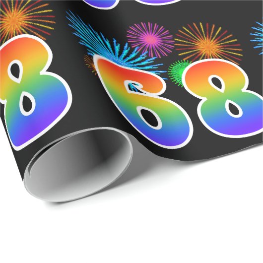 Fun Fireworks + Rainbow Pattern "68" Event Number Cadeaupapier (Rol Hoek)