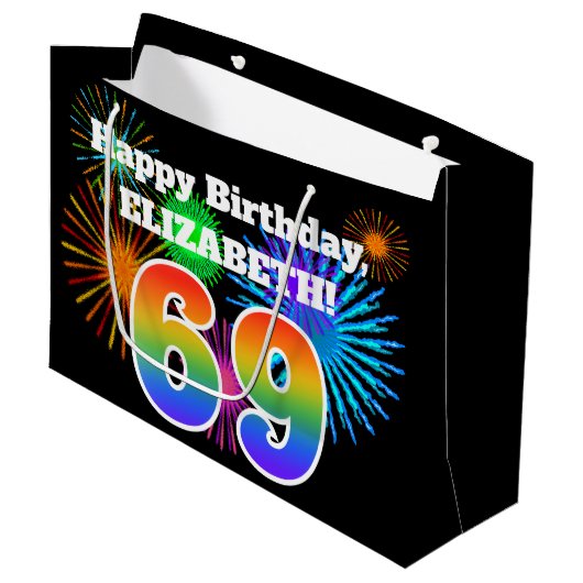 Fun Fireworks + Rainbow Pattern "69" Birthday # Groot Cadeauzakje (Voorkant Gekanteld)