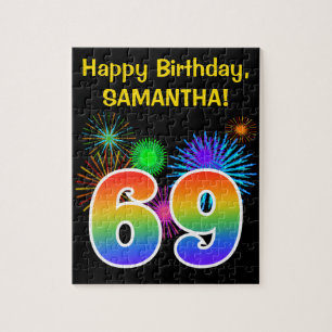 Fun Fireworks + Rainbow Pattern "69" Birthday # Legpuzzel