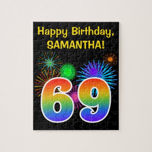 Fun Fireworks + Rainbow Pattern "69" Birthday # Legpuzzel (Verticaal)