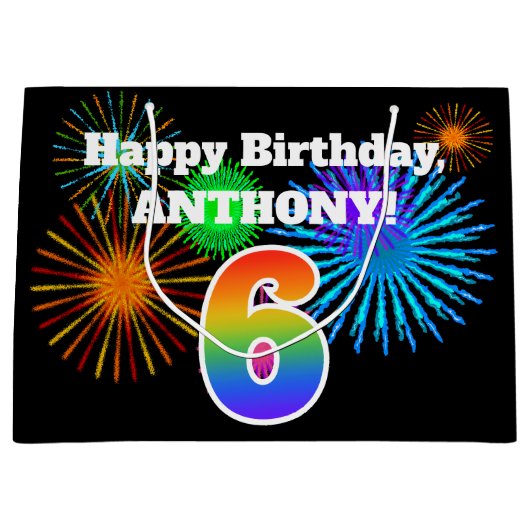 Fun Fireworks + Rainbow Pattern "6" Birthday # Groot Cadeauzakje (Voorkant)