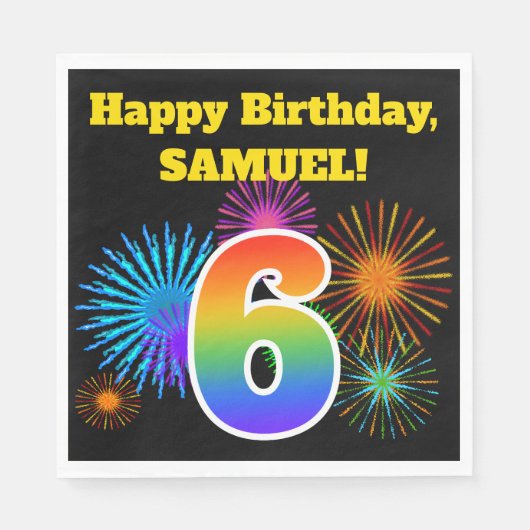 Fun Fireworks + Rainbow Pattern "6" Birthday # Servet (Voorkant)