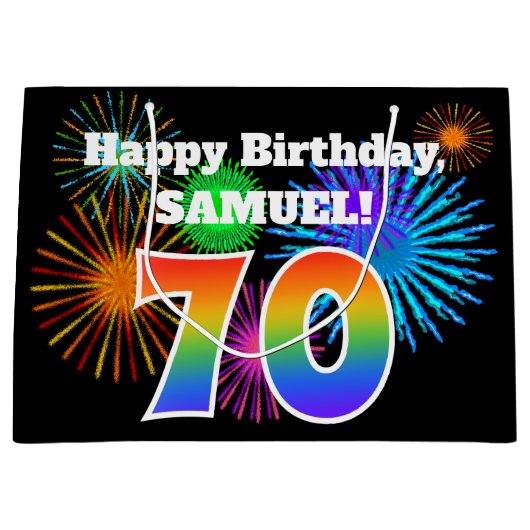 Fun Fireworks + Rainbow Pattern "70" Birthday # Groot Cadeauzakje (Voorkant)