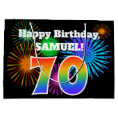 Fun Fireworks + Rainbow Pattern "70" Birthday # Groot Cadeauzakje (Achterkant)