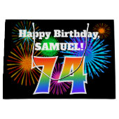 Fun Fireworks + Rainbow Pattern "74" Birthday # Groot Cadeauzakje (Voorkant)