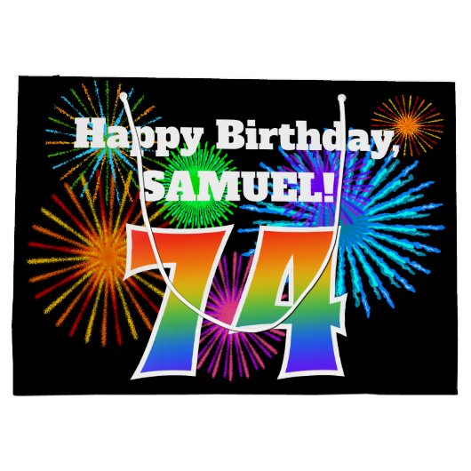 Fun Fireworks + Rainbow Pattern "74" Birthday # Groot Cadeauzakje (Achterkant)