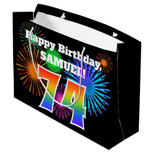 Fun Fireworks + Rainbow Pattern "74" Birthday # Groot Cadeauzakje (Achterkant Gekanteld)