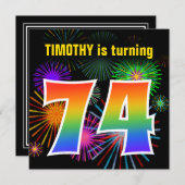 Fun Fireworks + Rainbow Pattern "74" Birthday # Kaart (Voorkant / Achterkant)