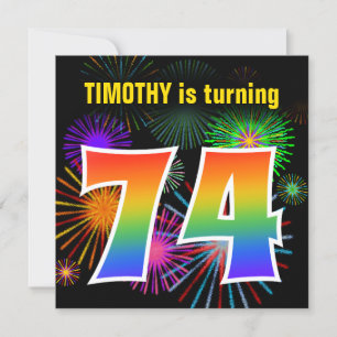 Fun Fireworks + Rainbow Pattern "74" Birthday # Kaart