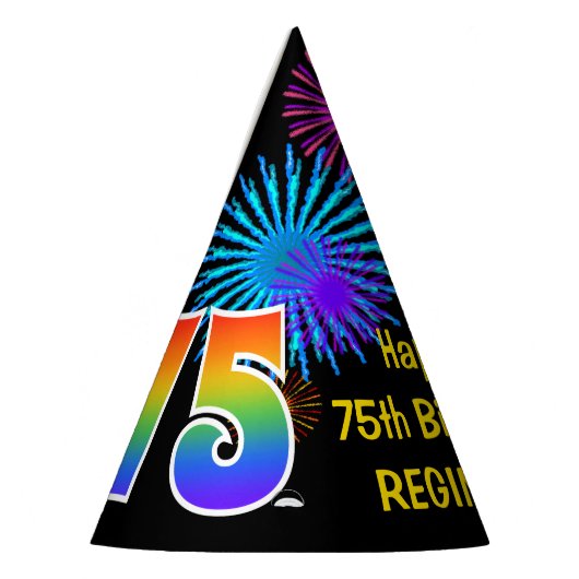 Fun Fireworks + Rainbow Pattern "75" Birthday # Feesthoedjes (Links)