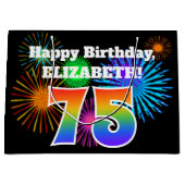 Fun Fireworks + Rainbow Pattern "75" Birthday # Groot Cadeauzakje (Voorkant)