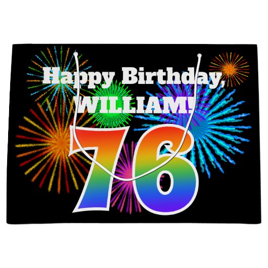 Fun Fireworks + Rainbow Pattern "76" Birthday # Groot Cadeauzakje (Voorkant)