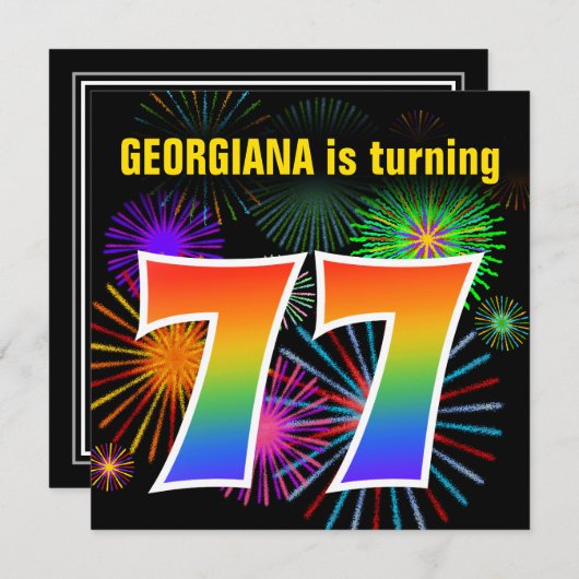 Fun Fireworks + Rainbow Pattern "77" Birthday # Kaart (Voorkant / Achterkant)