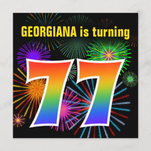 Fun Fireworks + Rainbow Pattern "77" Birthday # Kaart