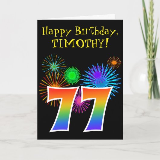Fun Fireworks + Rainbow Pattern "77" Birthday # Kaart (Voorkant)