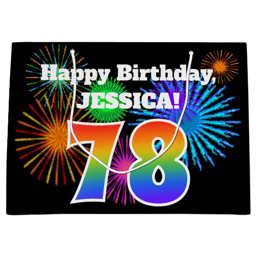 Fun Fireworks + Rainbow Pattern "78" Birthday # Groot Cadeauzakje (Voorkant)
