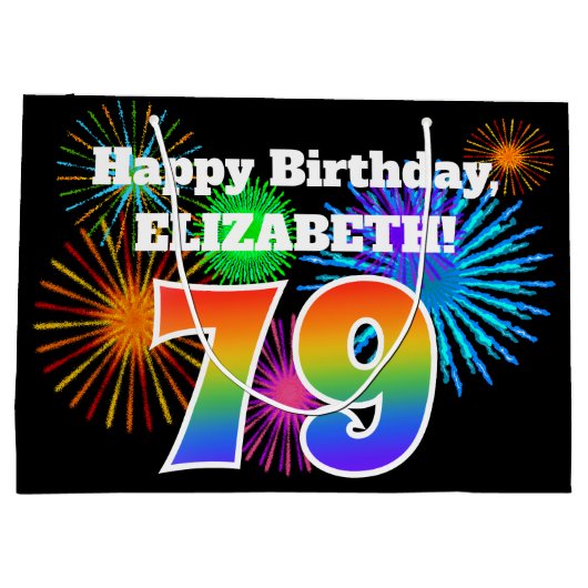 Fun Fireworks + Rainbow Pattern "79" Birthday # Groot Cadeauzakje (Achterkant)