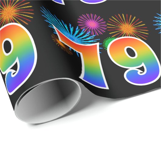 Fun Fireworks + Rainbow Pattern "79" Event Number Cadeaupapier (Rol Hoek)