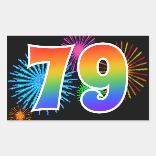 Fun Fireworks + Rainbow Pattern "79" Event Number Rechthoekige Sticker (Voorkant)