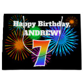 Fun Fireworks + Rainbow Pattern "7" Birthday # Groot Cadeauzakje (Voorkant)