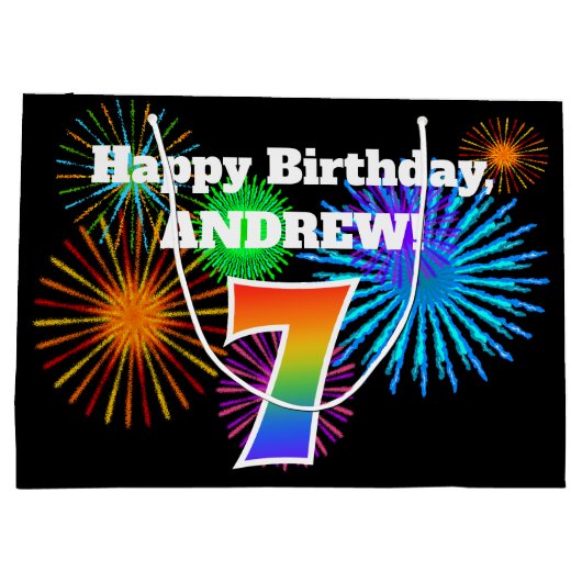 Fun Fireworks + Rainbow Pattern "7" Birthday # Groot Cadeauzakje (Achterkant)
