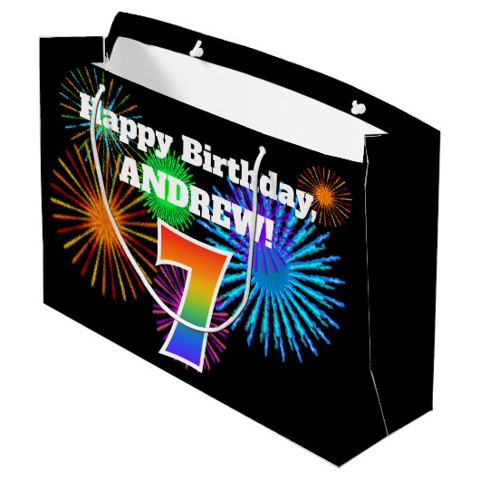 Fun Fireworks + Rainbow Pattern "7" Birthday # Groot Cadeauzakje (Achterkant Gekanteld)