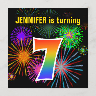 Fun Fireworks + Rainbow Pattern "7" Birthday # Kaart