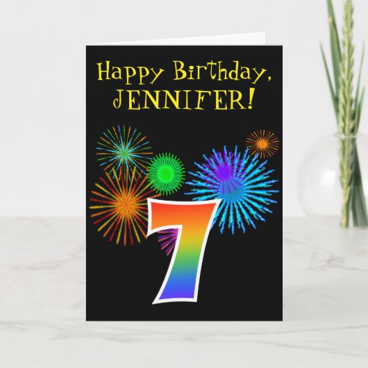 Fun Fireworks + Rainbow Pattern "7" Birthday # Kaart (Voorkant)
