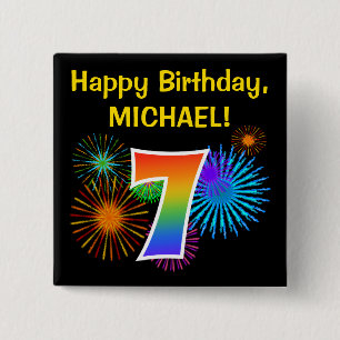 Fun Fireworks + Rainbow Pattern "7" Birthday # Vierkante Button 5,1 Cm