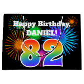 Fun Fireworks + Rainbow Pattern "82" Birthday # Groot Cadeauzakje (Voorkant)