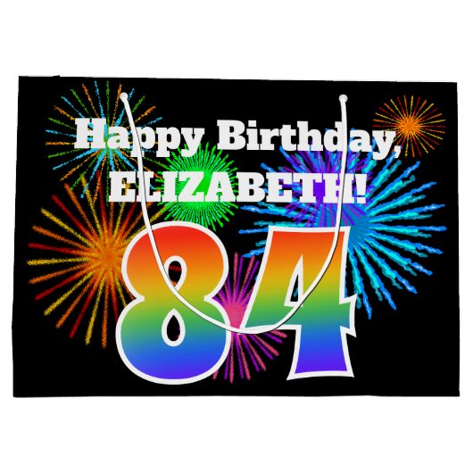 Fun Fireworks + Rainbow Pattern "84" Birthday # Groot Cadeauzakje (Achterkant)