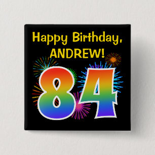Fun Fireworks + Rainbow Pattern "84" Birthday # Vierkante Button 5,1 Cm
