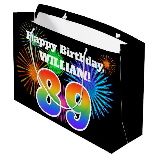 Fun Fireworks + Rainbow Pattern "89" Birthday # Groot Cadeauzakje (Achterkant Gekanteld)