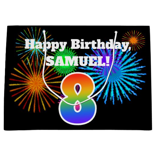 Fun Fireworks + Rainbow Pattern "8" Birthday # Groot Cadeauzakje (Voorkant)
