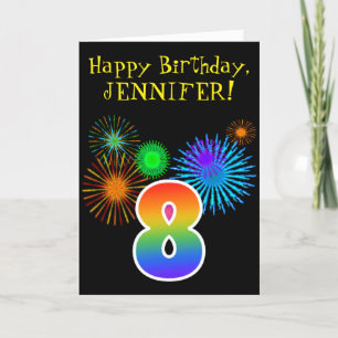 Fun Fireworks + Rainbow Pattern "8" Birthday # Kaart