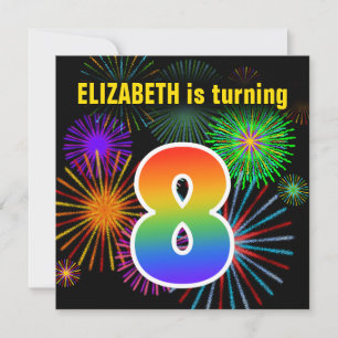 Fun Fireworks + Rainbow Pattern "8" Birthday # Kaart