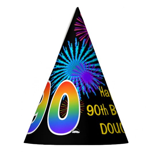 Fun Fireworks + Rainbow Pattern "90" Birthday # Feesthoedjes (Links)