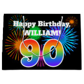 Fun Fireworks + Rainbow Pattern "90" Birthday # Groot Cadeauzakje (Voorkant)