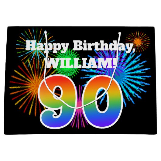 Fun Fireworks + Rainbow Pattern "90" Birthday # Groot Cadeauzakje (Voorkant)