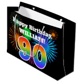 Fun Fireworks + Rainbow Pattern "90" Birthday # Groot Cadeauzakje (Voorkant Gekanteld)