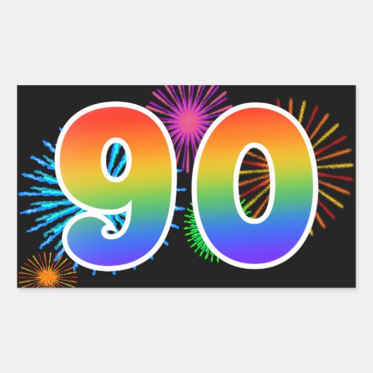 Fun Fireworks + Rainbow Pattern "90" Event Number Rechthoekige Sticker (Voorkant)