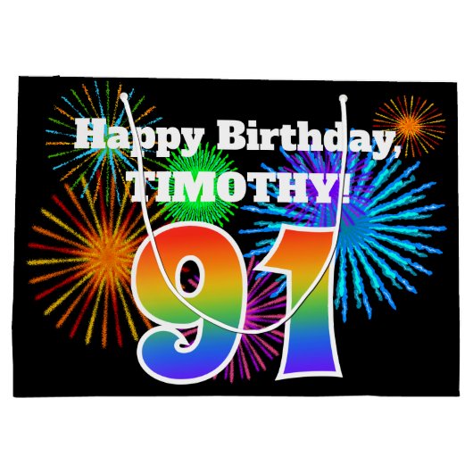 Fun Fireworks + Rainbow Pattern "91" Birthday # Groot Cadeauzakje (Achterkant)