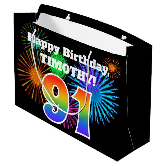 Fun Fireworks + Rainbow Pattern "91" Birthday # Groot Cadeauzakje (Achterkant Gekanteld)