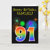 Fun Fireworks + Rainbow Pattern "91" Birthday # Kaart (Gele Bloem)