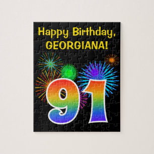 Fun Fireworks + Rainbow Pattern "91" Birthday # Legpuzzel